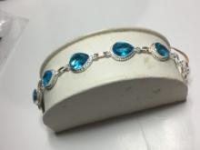 .925 Stamp 7" Gorgeous Blue Topaz Link Bracelet Toggle Clasp *see Matching Set*