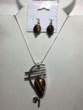 .925 2 1/4" A A A Unique Design Tiger Eye Gemstone On 18" Free Chain W/ .925 Tiger Eye Wires