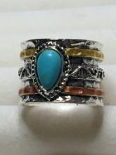 .925 Plate A A A Gorgeous Turquoise Multi Metals Copper Gold Metals Sz 6 Ring