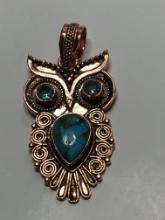 2" A A A Awesome Copper Owl W/ Turquoise & Blue Topaz Eyes Pendant 
