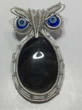 2 1/2" A A A Top Quality Large Obsidian Italian Murano Glass Wire Silver Wrap Owl Pendant Blue Eyes