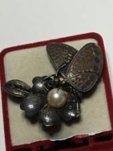 .925 Sterling Silver Floral Pearl Broach