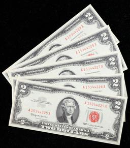 Lot of 5 Consecutive 1963 $2 United States Notes, All CU! $2 Red Seal United States Note Grades cu