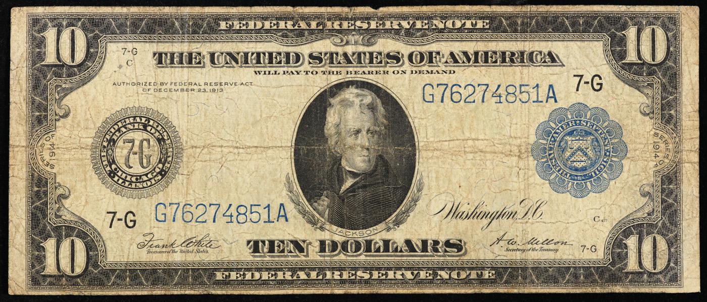 1914 $10 Large Size Blue Seal Federal Reserve Note Chicago, IL Type A Grades vf+ FR-931
