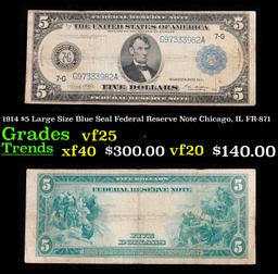 1914 $5 Large Size Blue Seal Federal Reserve Note Chicago, IL Grades vf+ FR-871