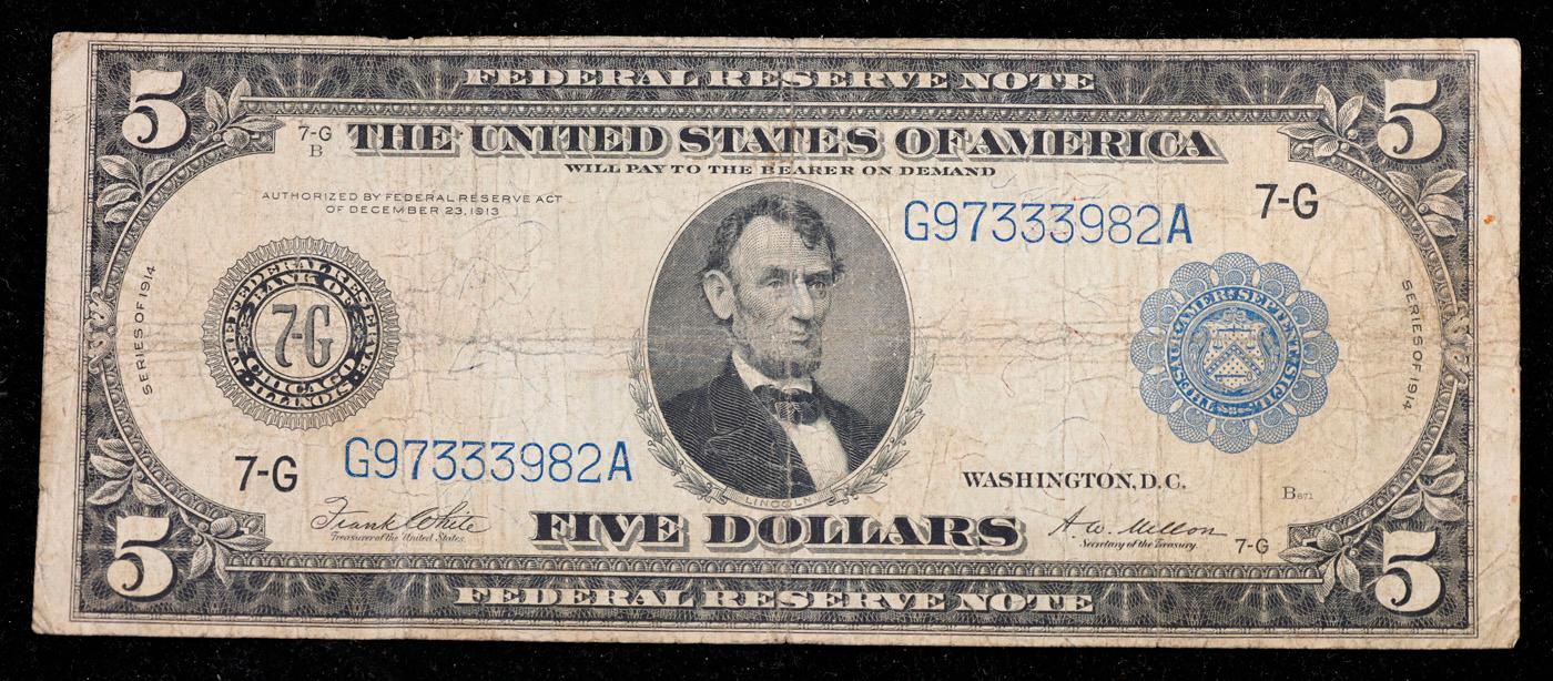 1914 $5 Large Size Blue Seal Federal Reserve Note Chicago, IL Grades vf+ FR-871