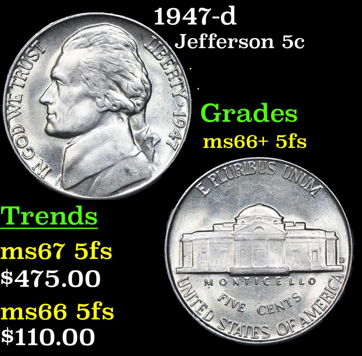 1947-d Jefferson Nickel 5c Grades GEM++ 5fs