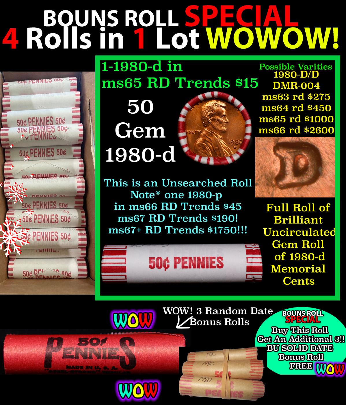 THIS AUCTION ONLY! BU Shotgun Lincoln 1c roll, 1980-d 50 pcs Plus THREE bonus random date BU roll! B