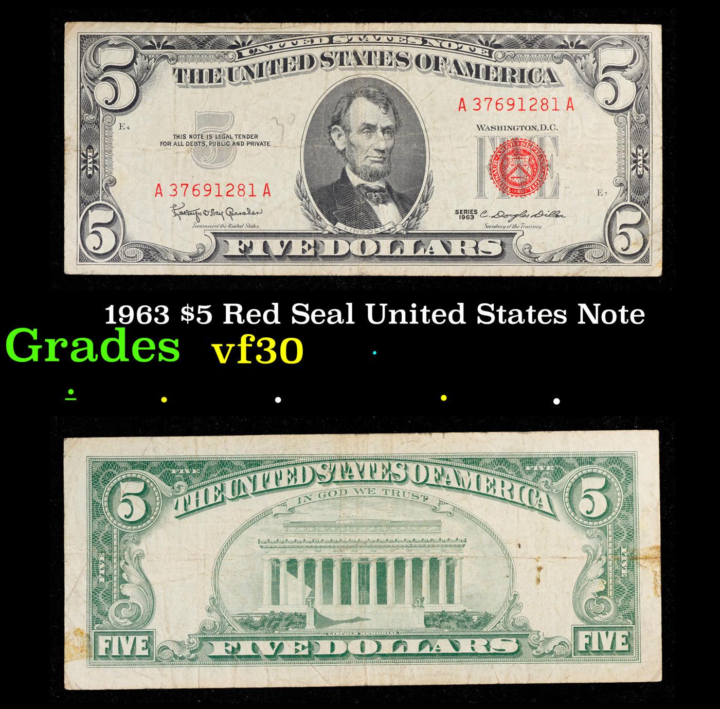 1963 $5 Red Seal United States Note Grades vf++