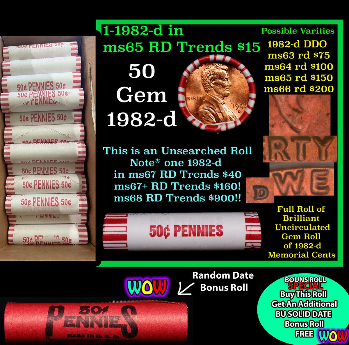 THIS AUCTION ONLY! BU Shotgun Lincoln 1c roll, 1982-d 50 pcs Plus one bonus random date BU roll! Ban