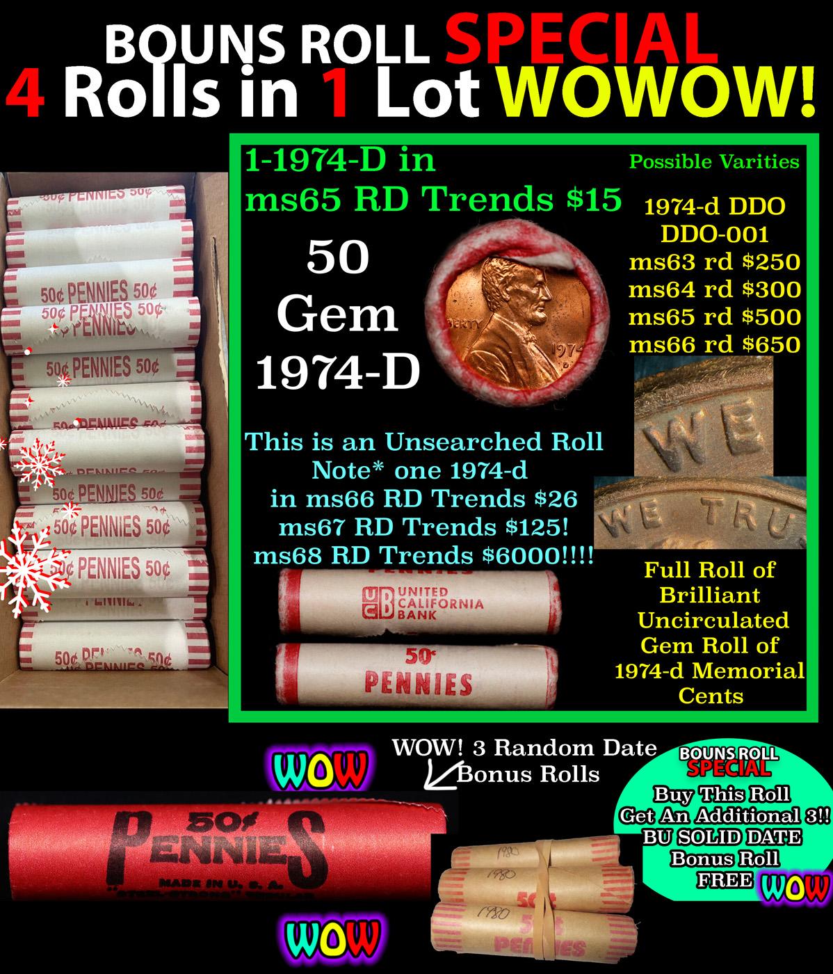 THIS AUCTION ONLY! BU Shotgun Lincoln 1c roll, 1974-d 50 pcs Plus THREE bonus random date BU roll! B