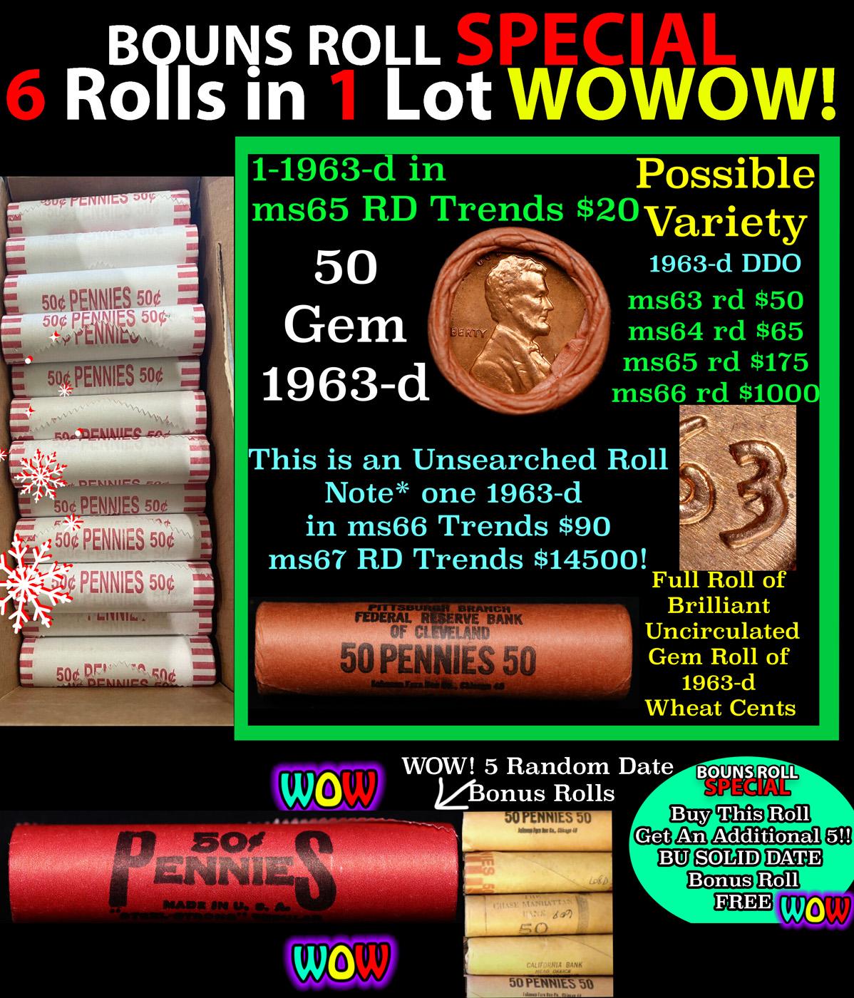 THIS AUCTION ONLY! BU Shotgun Lincoln 1c roll, 1963-d 50 pcs Plus FIVE bonus random date BU roll! Ba