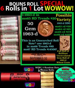 THIS AUCTION ONLY! BU Shotgun Lincoln 1c roll, 1963-d 50 pcs Plus FIVE bonus random date BU roll! Ba