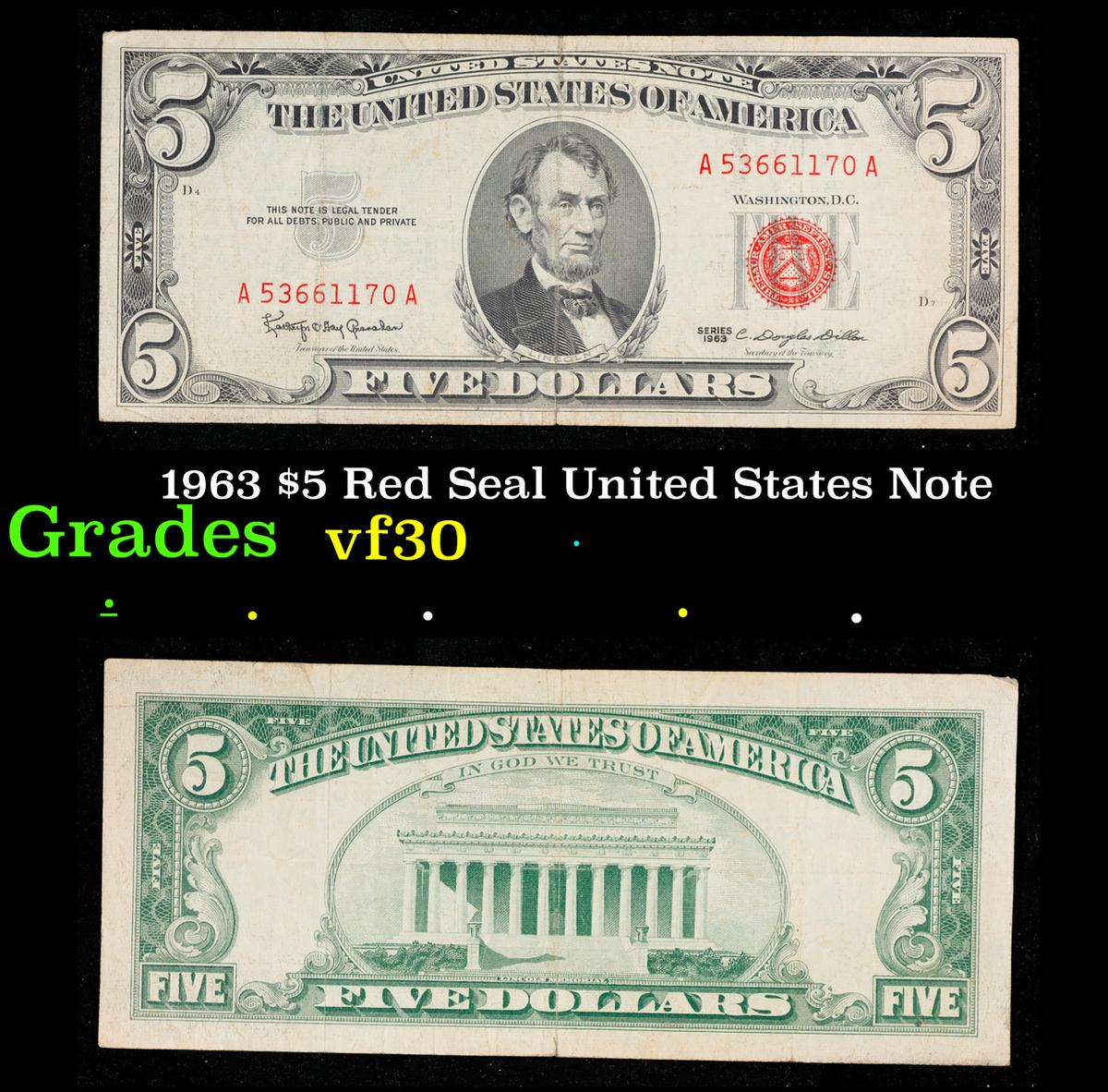 1963 $5 Red Seal United States Note Grades vf++