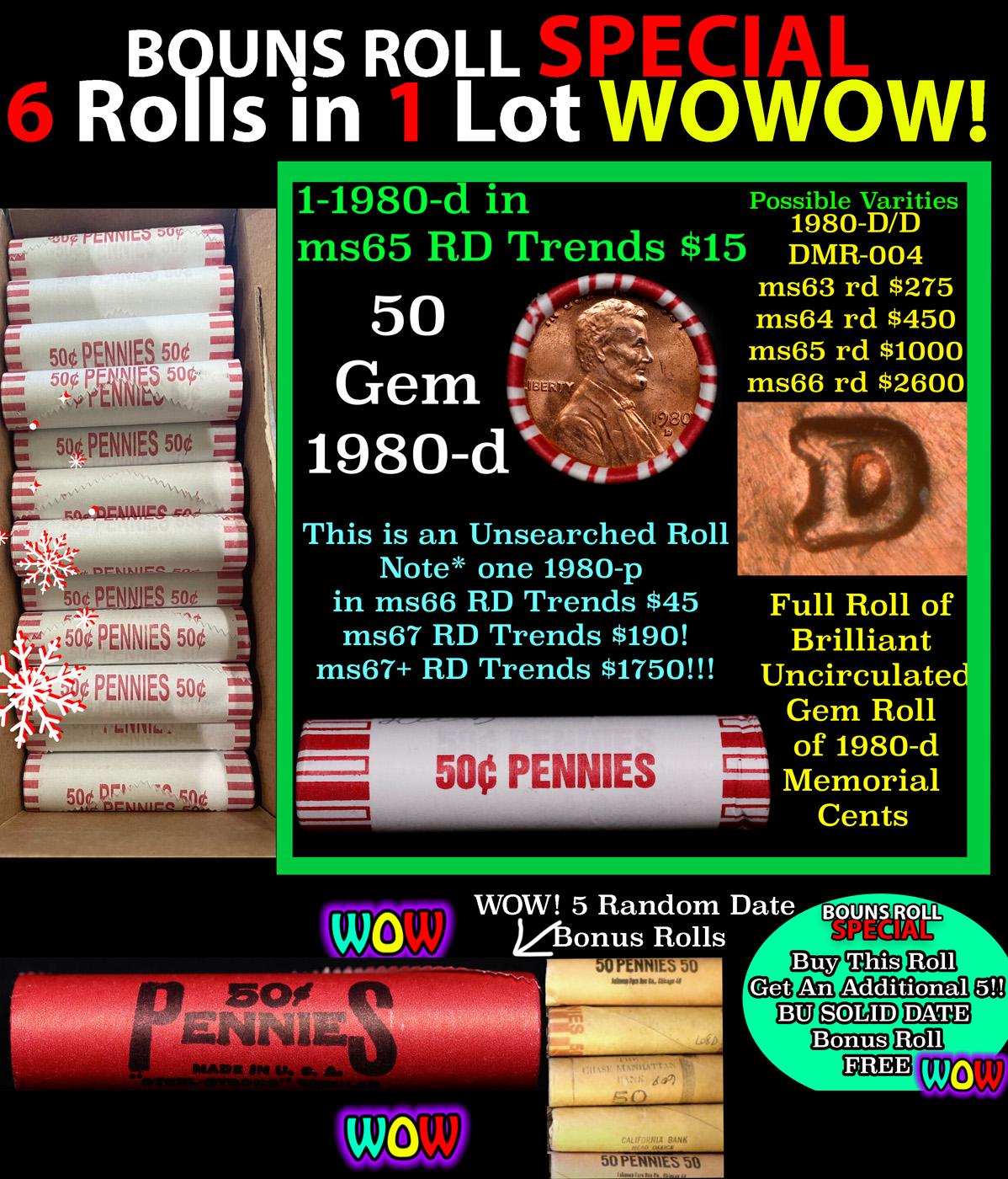 THIS AUCTION ONLY! BU Shotgun Lincoln 1c roll, 1980-d 50 pcs Plus FIVE bonus random date BU roll! Ba