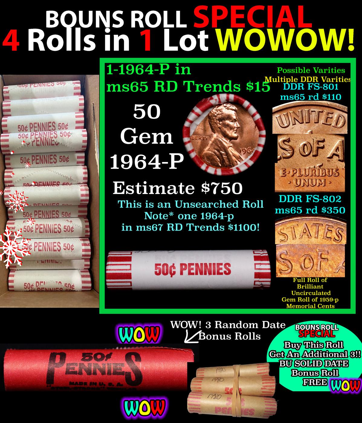 THIS AUCTION ONLY! BU Shotgun Lincoln 1c roll, 1964-p 50 pcs Plus THREE bonus random date BU roll! B