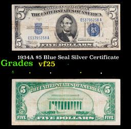 1934A $5 Blue Seal Silver Certificate Grades vf+