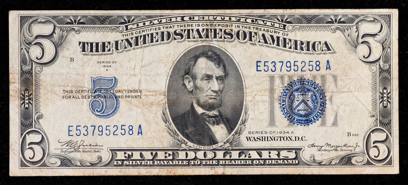 1934A $5 Blue Seal Silver Certificate Grades vf+