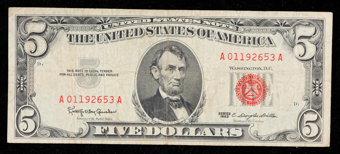 1963 $5 Red Seal United States Note Grades vf+