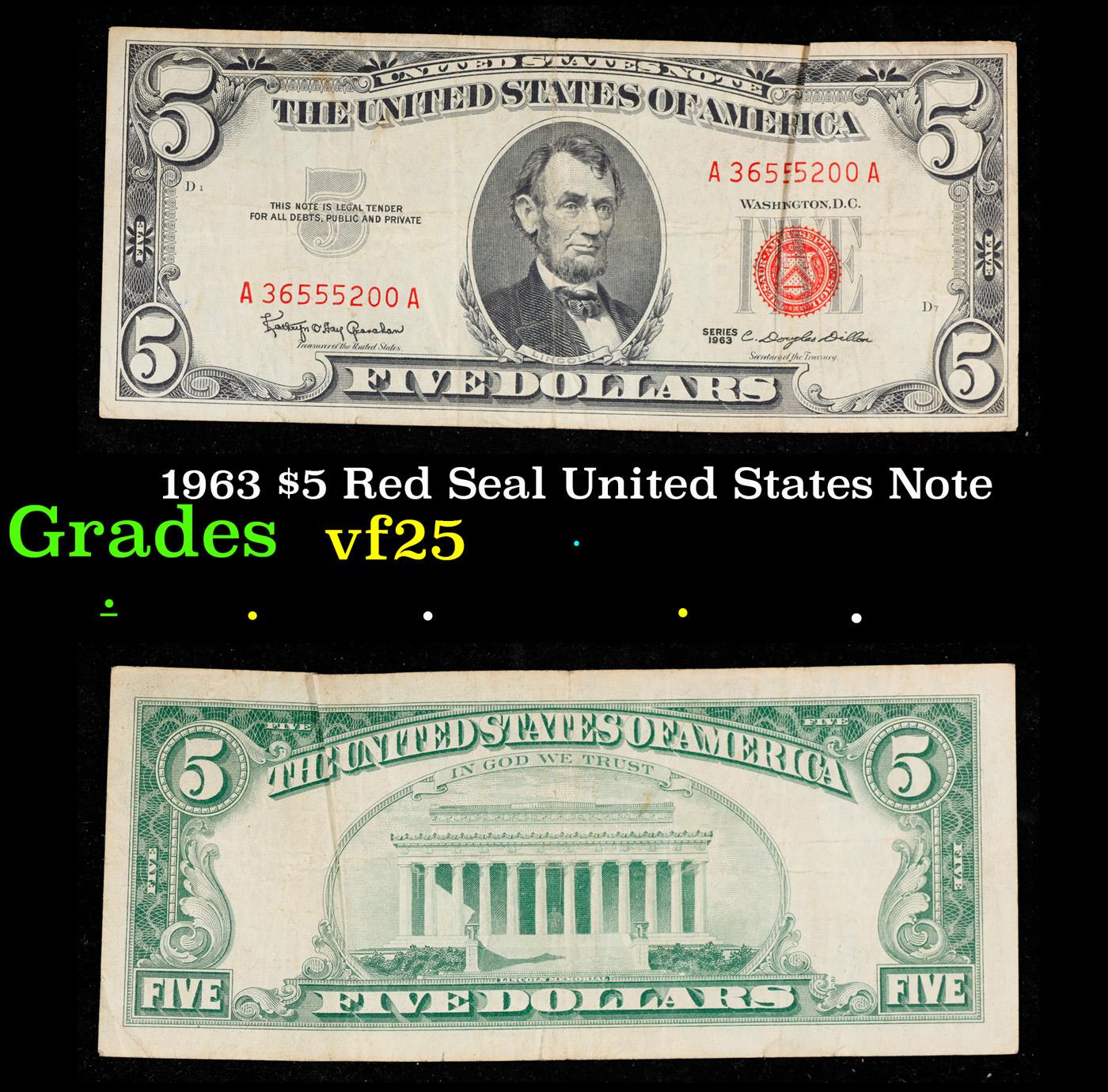 1963 $5 Red Seal United States Note Grades vf+