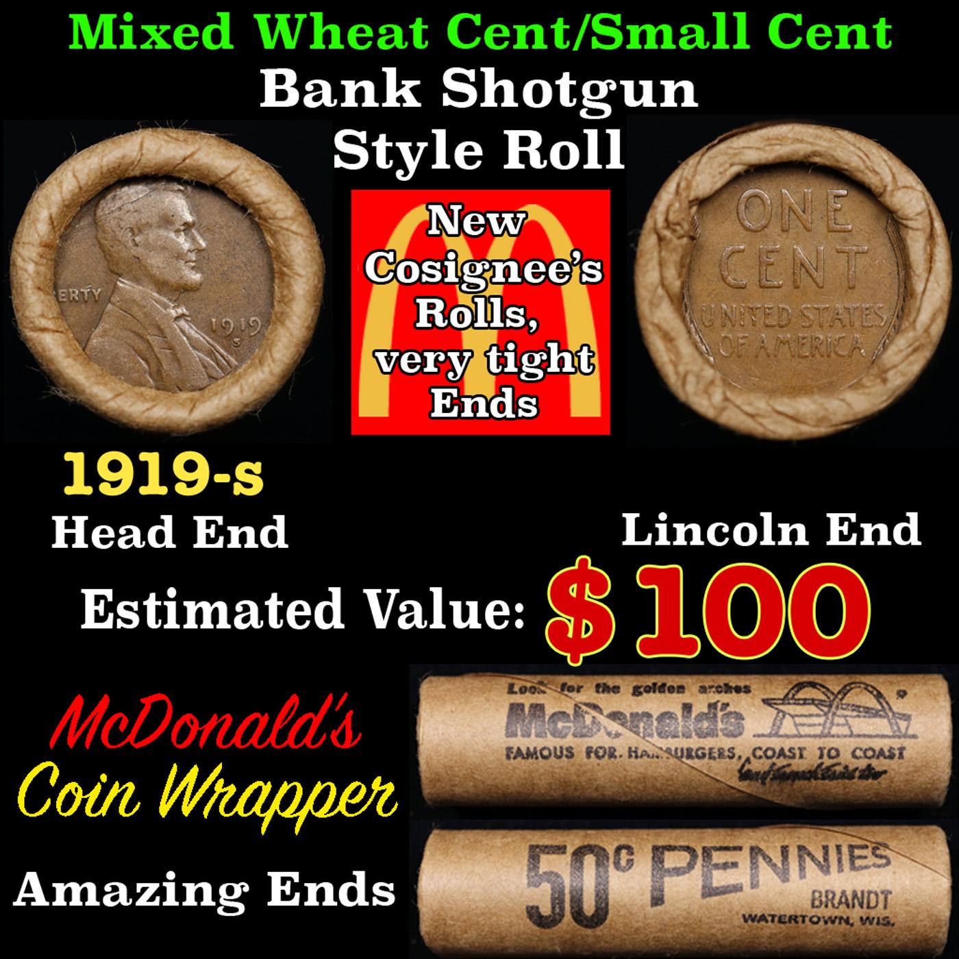 Lincoln Wheat Cent 1c Mixed Roll Orig Brandt McDonalds Wrapper, 1919-s end, Wheat other end