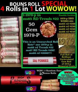 THIS AUCTION ONLY! BU Shotgun Lincoln 1c roll, 1979-p 50 pcs Plus THREE bonus random date BU roll! B