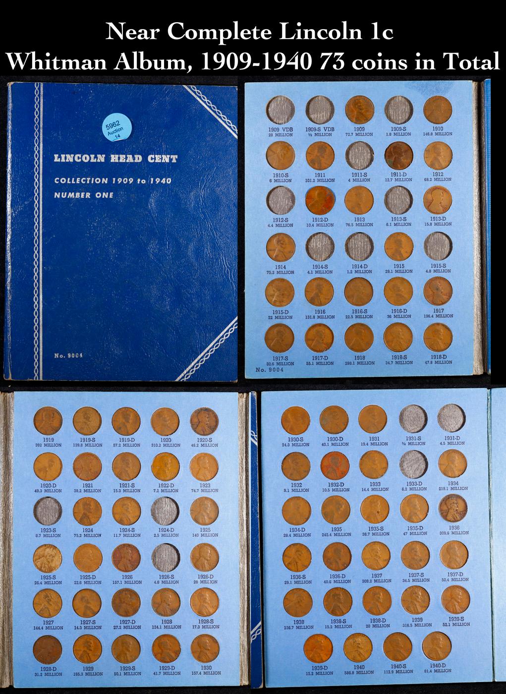 Near Complete Lincoln 1c Whitman Album, 1909-1940 73 coins in Total
