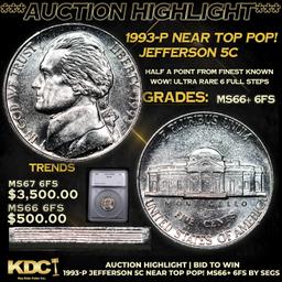***Auction Highlight*** 1993-p Jefferson Nickel Near Top Pop! 5c Graded ms66+ 6fs By SEGS (fc)