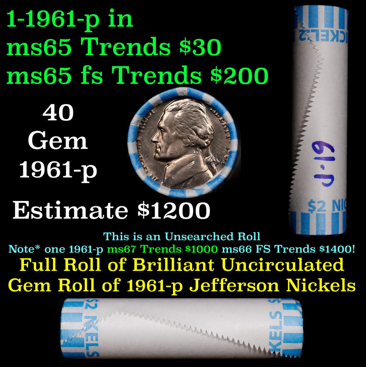BU Shotgun Jefferson 5c roll, 1961-p 40 pcs Bank $2 Nickel Wrapper