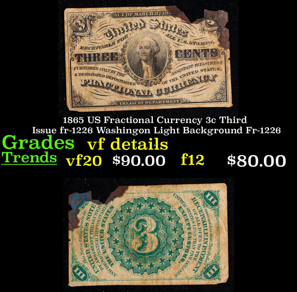 1865 US Fractional Currency 3c Third Issue fr-1226 Washingon Light Background Fr-1226 Grades vf deta