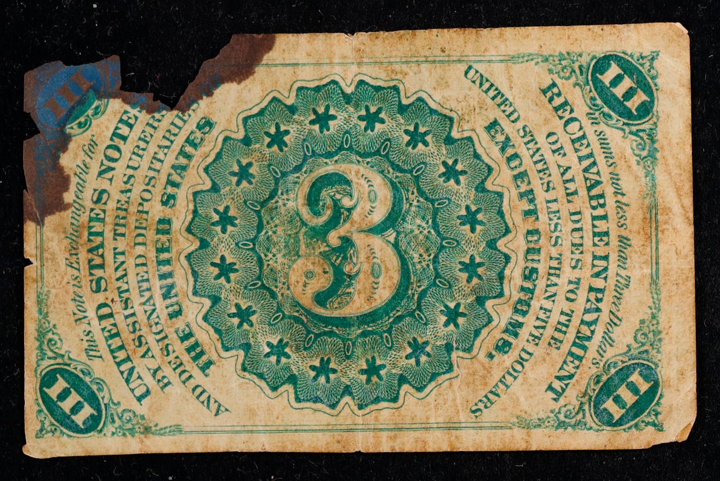 1865 US Fractional Currency 3c Third Issue fr-1226 Washingon Light Background Fr-1226 Grades vf deta