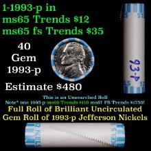BU Shotgun Jefferson 5c roll, 1993-p 40 pcs Bank $2 Nickel Wrapper