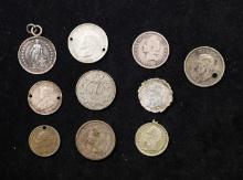 Group of 10 Coins, 25 Cents Netherlands, 10 Heller, 1/10 Gulden, Aus. 6 pence, G.B. 6 pence, 10 Cent