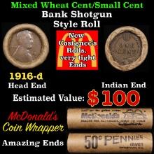 Small Cent Mixed Roll Orig Brandt McDonalds Wrapper, 1916-d Lincoln Wheat end, Indian other end, 50c