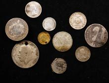 Group of 10 Coins, 1/10 Gulden, Canada 10c, Portugal $2.50, 1/4 Bolivar, 1/2 Bolivar, 1920 Crown, 3