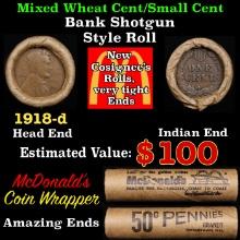 Small Cent Mixed Roll Orig Brandt McDonalds Wrapper, 1918-d Lincoln Wheat end, Indian other end, 50c