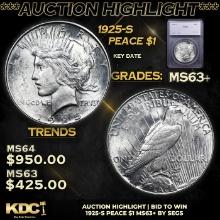 ***Auction Highlight*** 1925-s Peace Dollar 1 Graded ms63+ BY SEGS (fc)