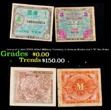 Group of 2 1944 WWII Allied Military Currency, 5 German Marks and 1 "B" Yen Notes Grades