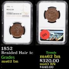 NGC 1852 Braided Hair Large Cent 1c Graded ms62 bn By NGC