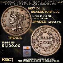 ***Auction Highlight*** 1857 Braided Hair Half Cent C-1 1/2c Graded ms64 bn By SEGS (fc)