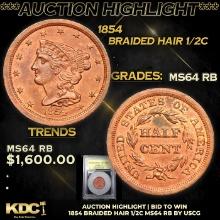 ***Auction Highlight*** 1854 Braided Hair Half Cent 1/2c Graded Choice Unc RB BY USCG (fc)