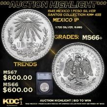 ***Auction Highlight*** 1945 Mexico 1 Peso Silver Santos Collection KM# 455 Grades GEM++ Unc BY SEGS