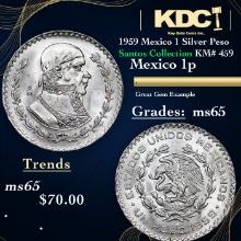 1959 Mexico 1 Silver Peso Santos Collection KM# 459 Grades GEM Unc