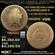 ***Auction Highlight*** 1793 Wreath Vine & Bars Flowing Hair large cent 1c Graded vg10 By SEGS (fc)