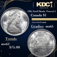1965 Small Beads, Pointed 5 Canada Silver Dollar 1 Grades GEM Unc