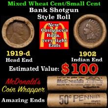 Lincoln Wheat Cent 1c Mixed Roll Orig Brandt McDonalds Wrapper, 1919-d end, 1902 Indian other end