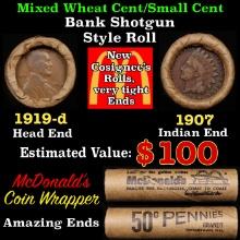 Lincoln Wheat Cent 1c Mixed Roll Orig Brandt McDonalds Wrapper, 1919-d end, 1907 Indian other end