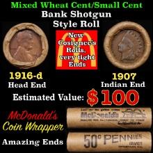 Lincoln Wheat Cent 1c Mixed Roll Orig Brandt McDonalds Wrapper, 1919-d end, 1907 Indian other end