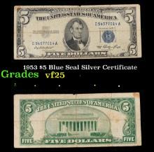 1953 $5 Blue Seal Silver Certificate Grades vf+