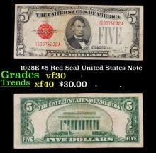 1928E $5 Red Seal United States Note Grades vf++